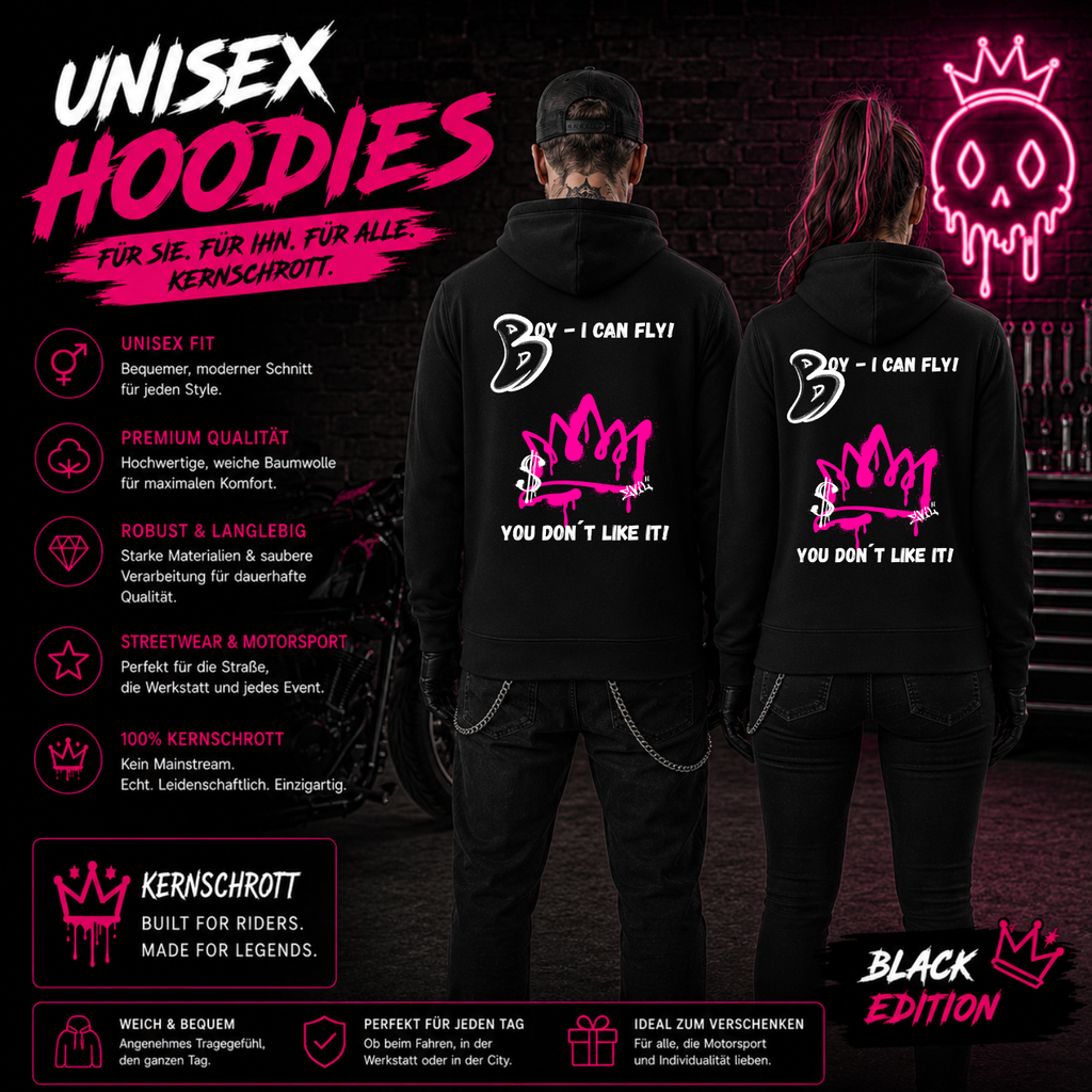 KERNSCHROTT Unisex Hoodie „BOY - I CAN FLY“ – Schwarz