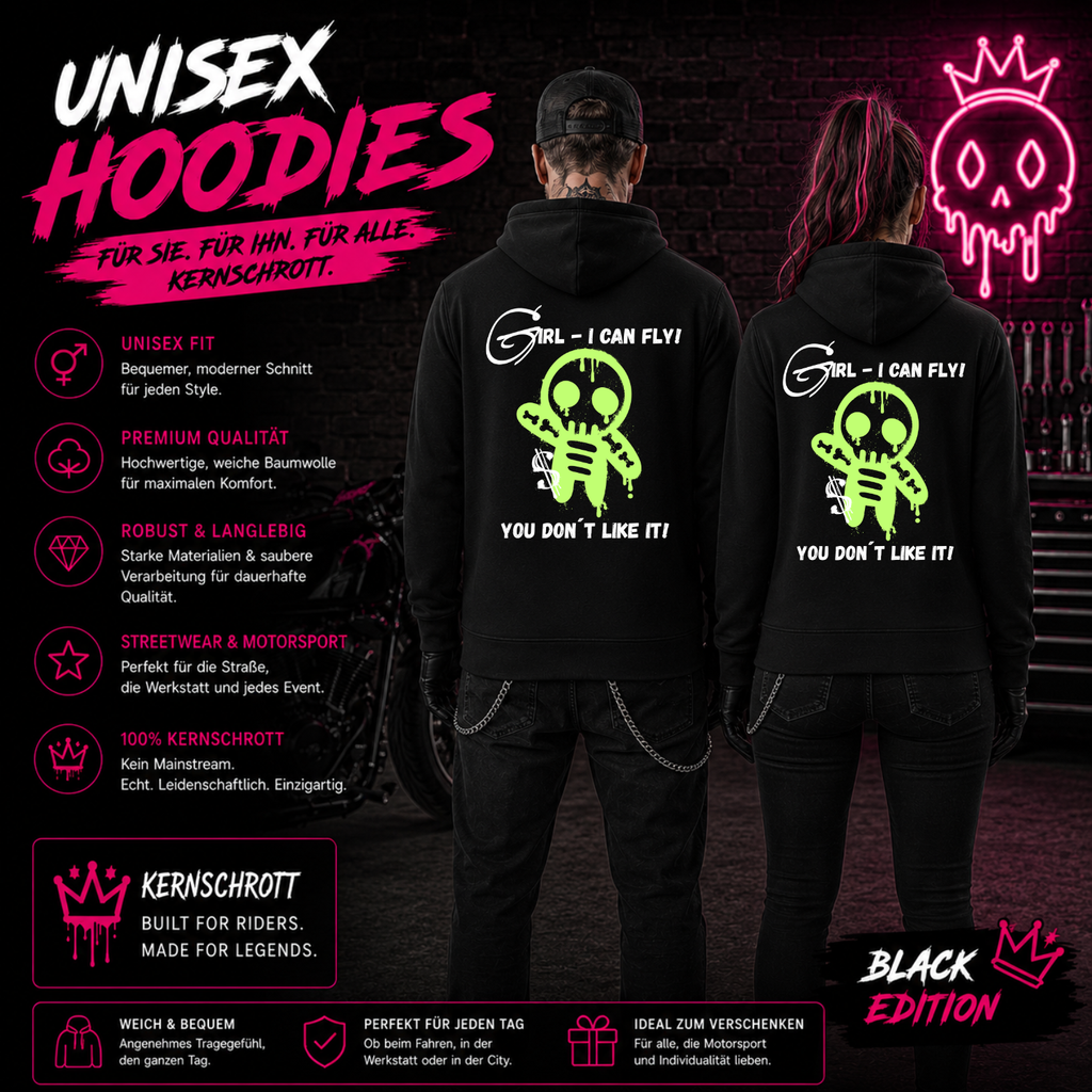 KERNSCHROTT Unisex Hoodie „GIRL - I CAN FLY“ – Schwarz