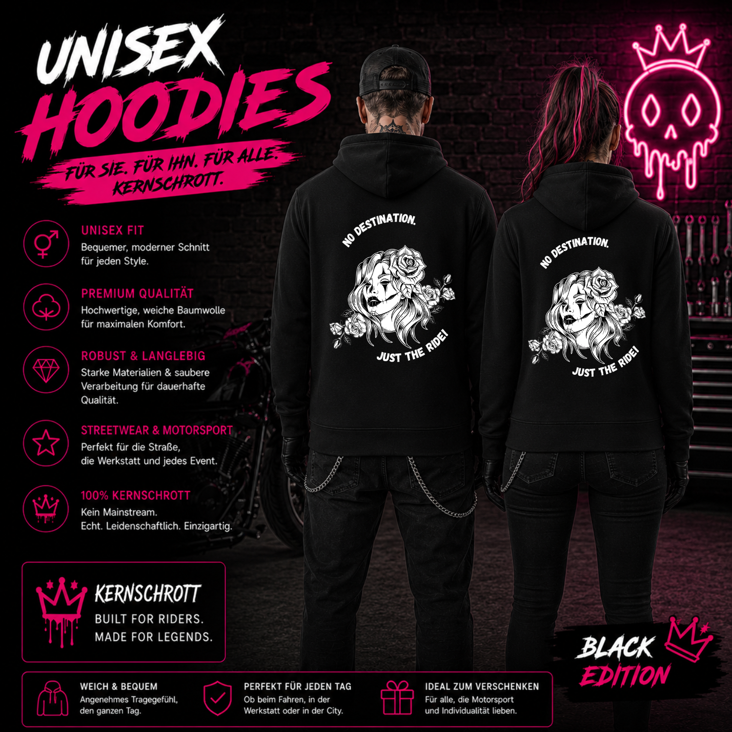 KERNSCHROTT Unisex Hoodie „No Destination. Just The Ride.“ – Schwarz