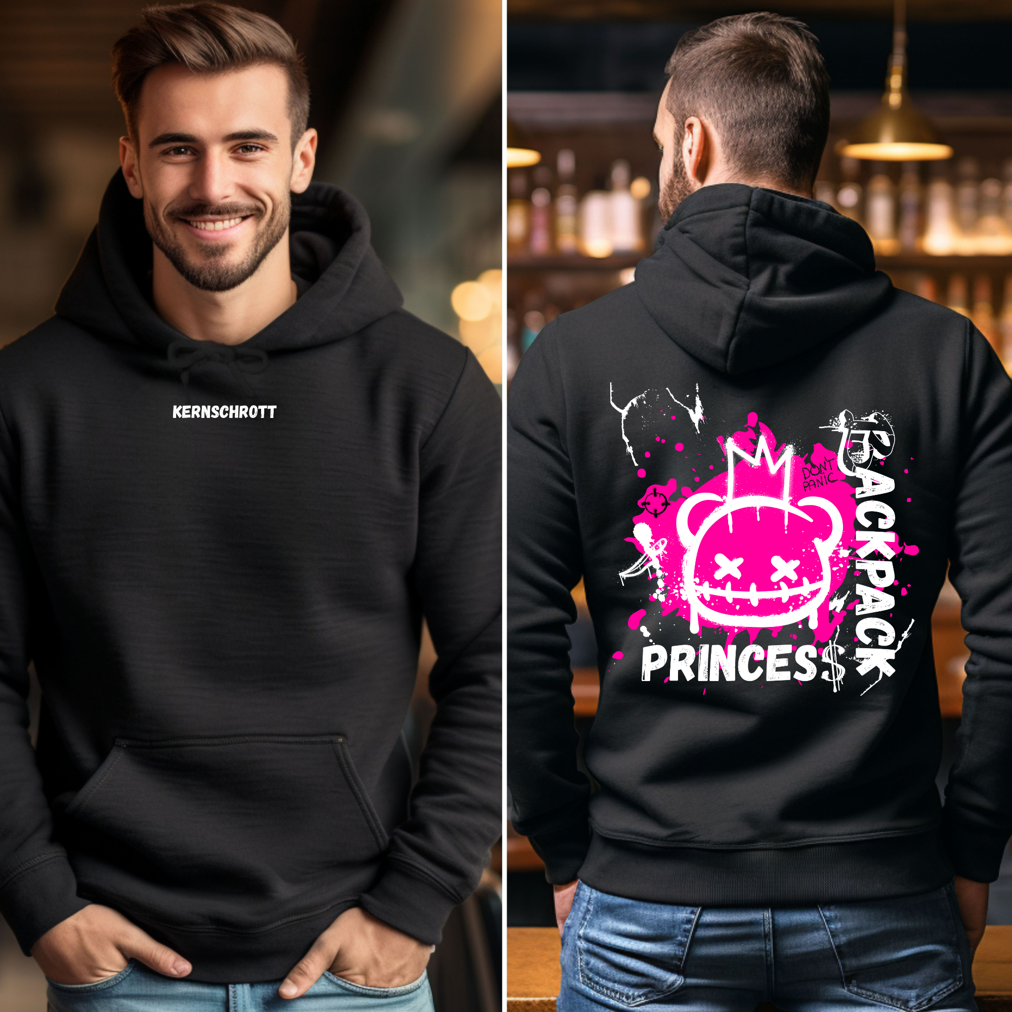 KERNSCHROTT Unisex Hoodie „BACKPACK PRINZESS“ Pink – Schwarz