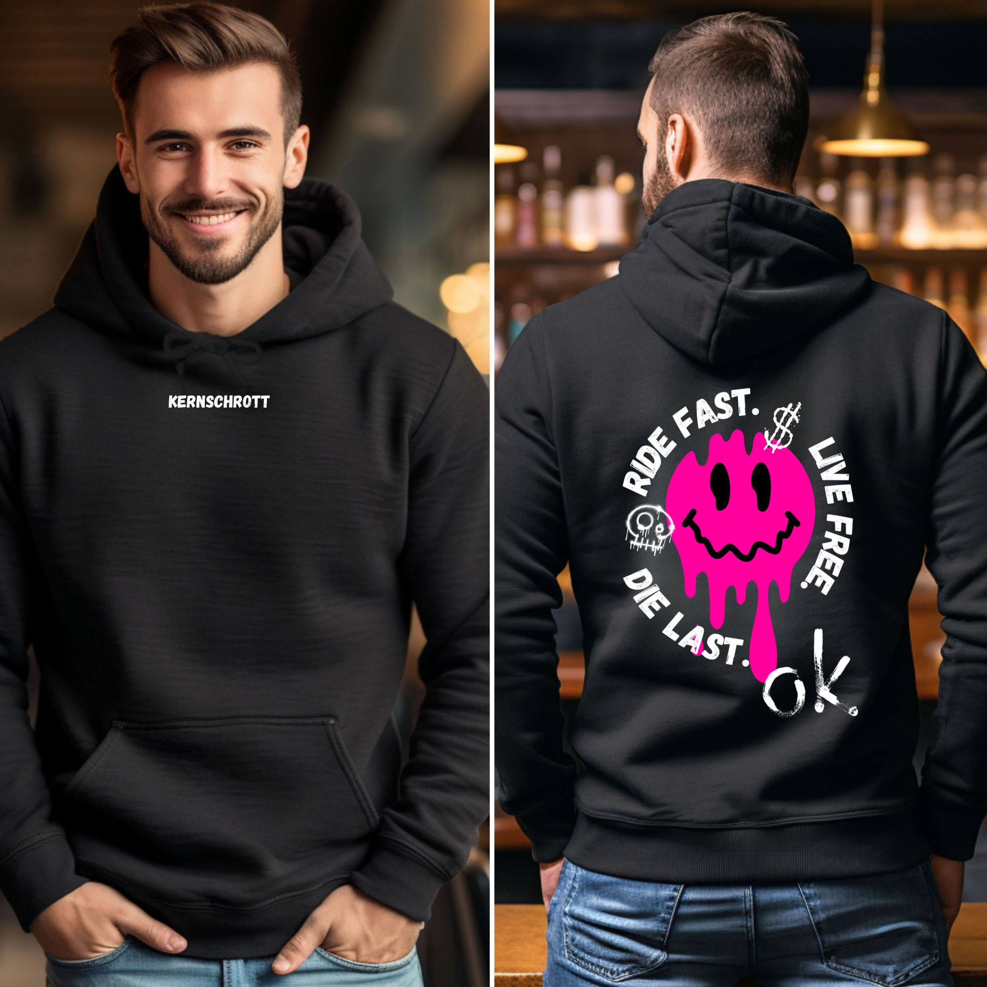 KERNSCHROTT Unisex Hoodie „RIDE FAST. LIVE FREE. DIE LAST.“ Pink – Schwarz