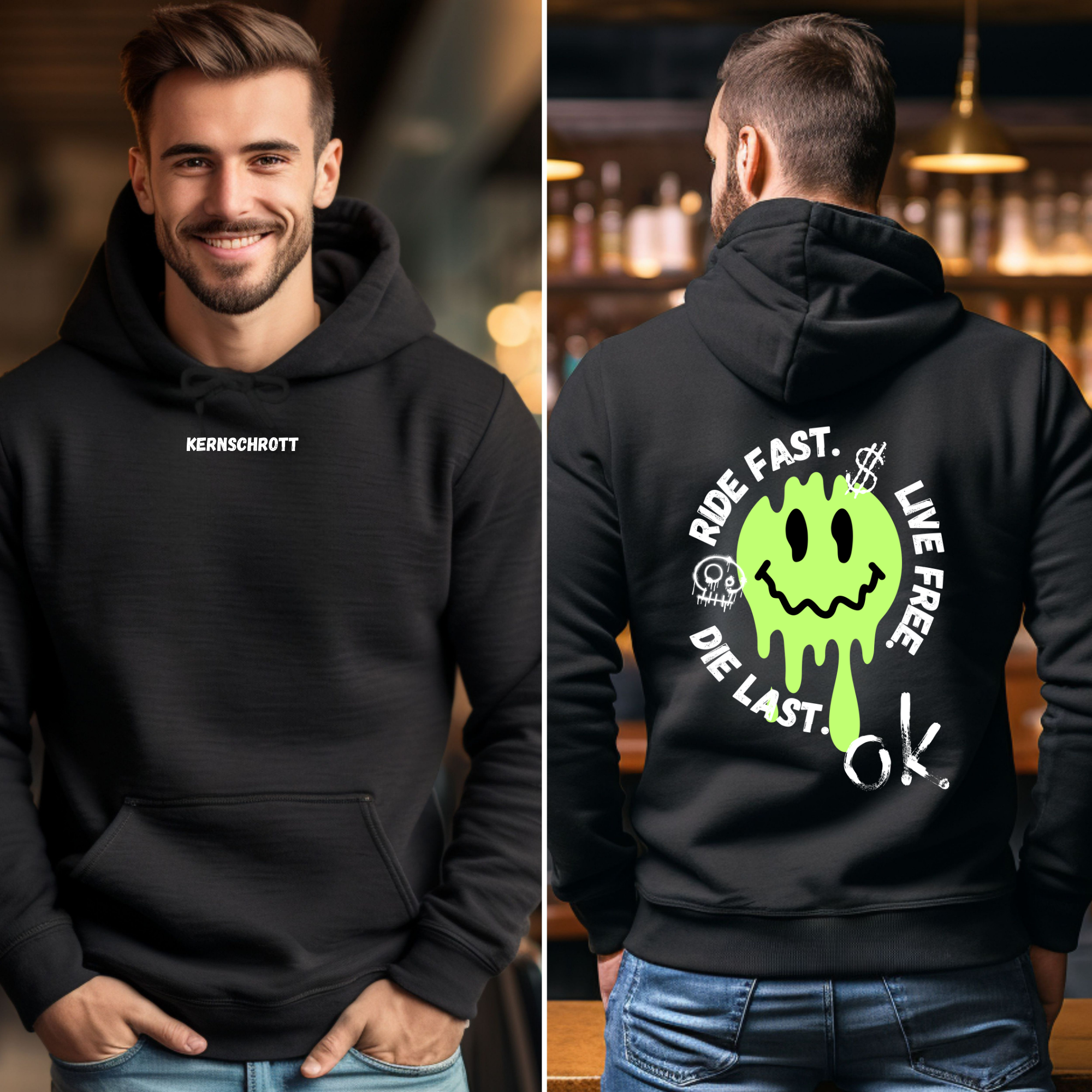 KERNSCHROTT Unisex Hoodie „RIDE FAST. LIVE FREE. DIE LAST.“ Grün – Schwarz