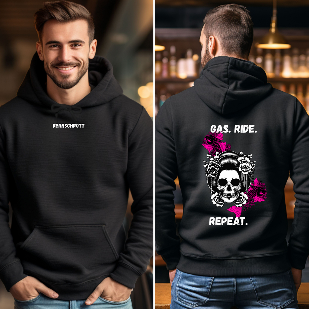 KERNSCHROTT Unisex Hoodie „GAS. RIDE. REPEAT.“ Pink – Schwarz