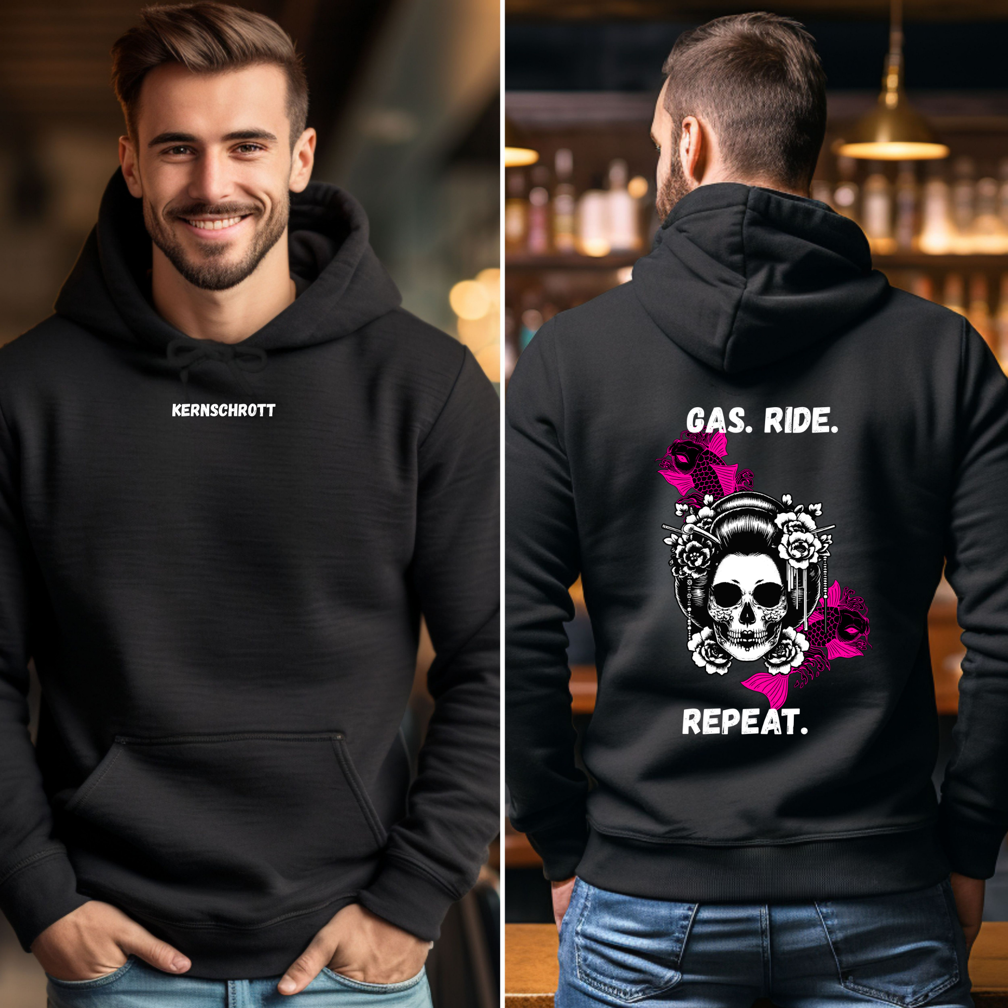 KERNSCHROTT Unisex Hoodie „GAS. RIDE. REPEAT.“ Pink – Schwarz