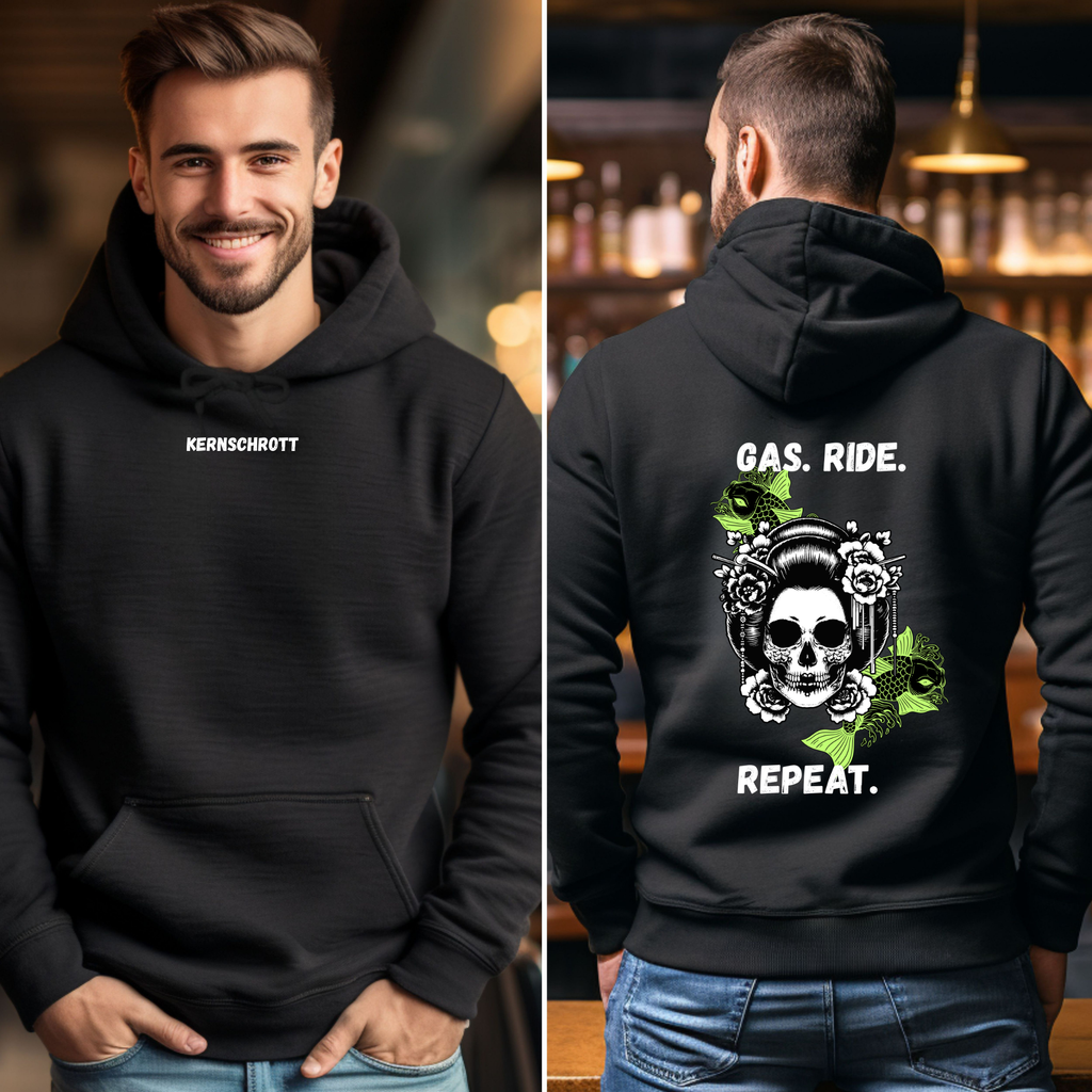 KERNSCHROTT Unisex Hoodie „GAS. RIDE. REPEAT.“ Grün – Schwarz