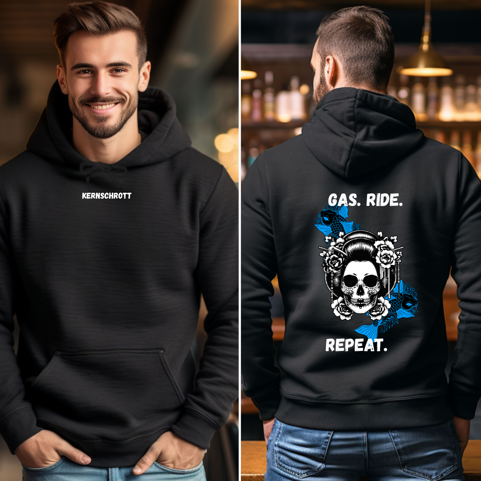 KERNSCHROTT Unisex Hoodie „GAS. RIDE. REPEAT.“ Blau – Schwarz
