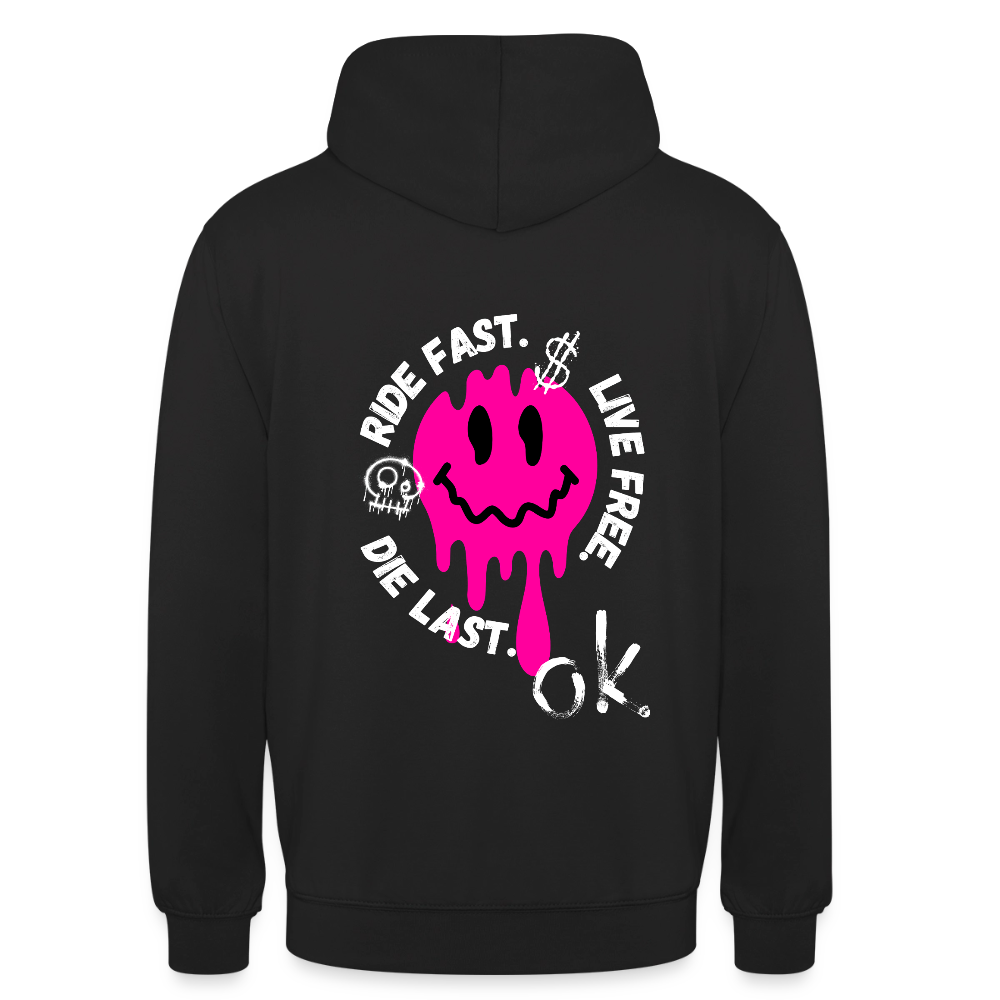 KERNSCHROTT Unisex Hoodie „RIDE FAST. LIVE FREE. DIE LAST.“ Pink – Schwarz - black