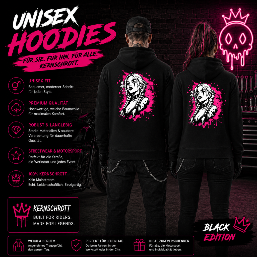 KERNSCHROTT Unisex Hoodie „SMOKE BRAID GIRL“ – Schwarz