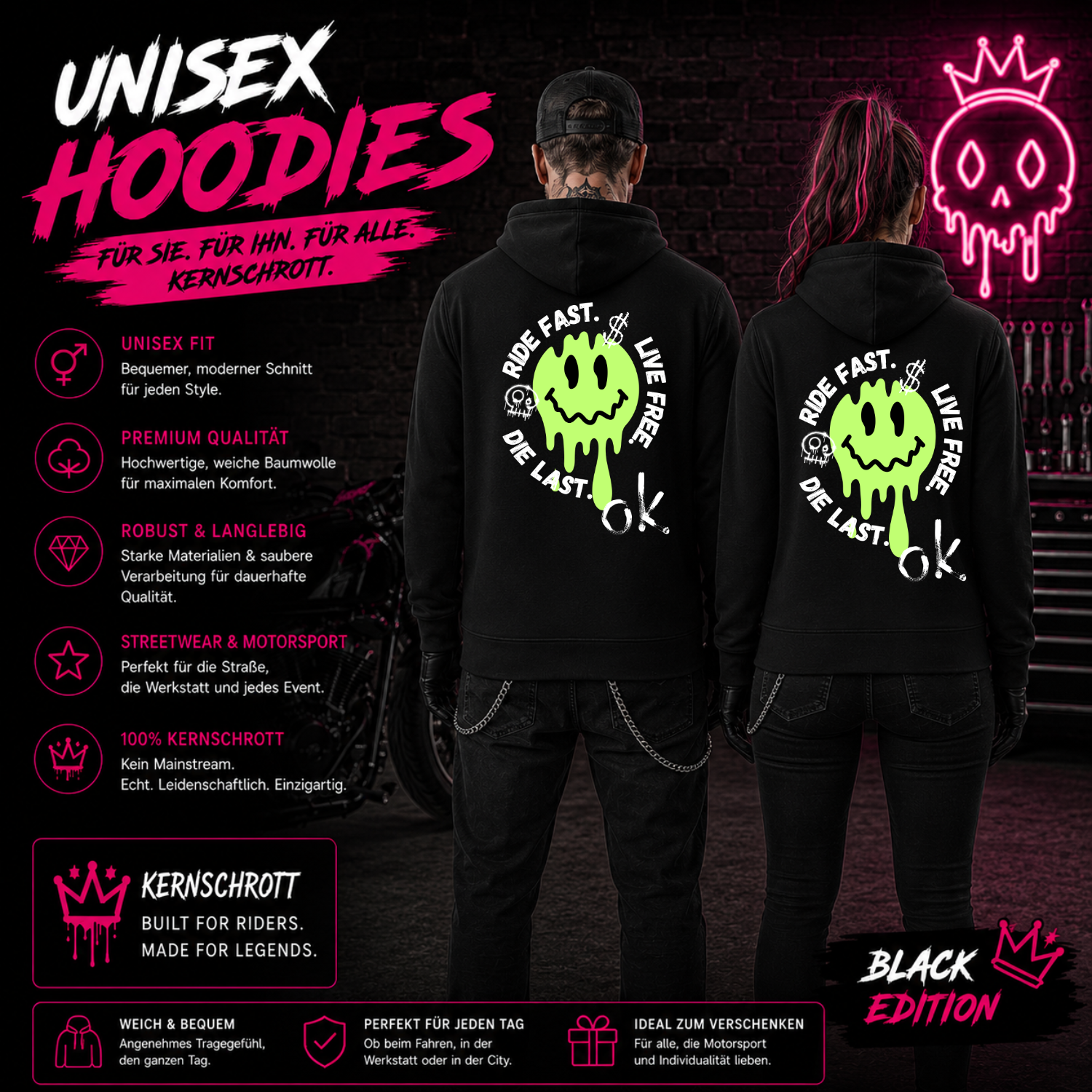 KERNSCHROTT Unisex Hoodie „RIDE FAST. LIVE FREE. DIE LAST.“ Grün – Schwarz