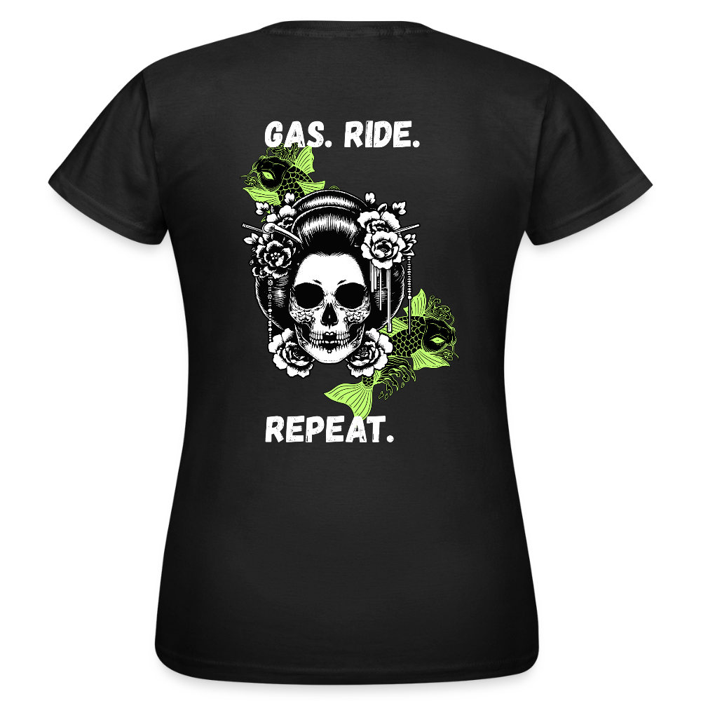 KERNSCHROTT Damen T-Shirt „GAS. RIDE. REPEAT“ GRÜN – Taillierter Fit - black