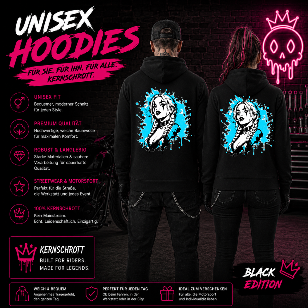 KERNSCHROTT Unisex Hoodie „SMOKE BRAID GIRL“ – Schwarz