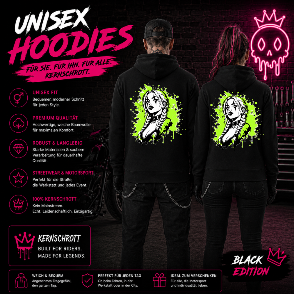 KERNSCHROTT Unisex Hoodie „SMOKE BRAID GIRL“ – Schwarz