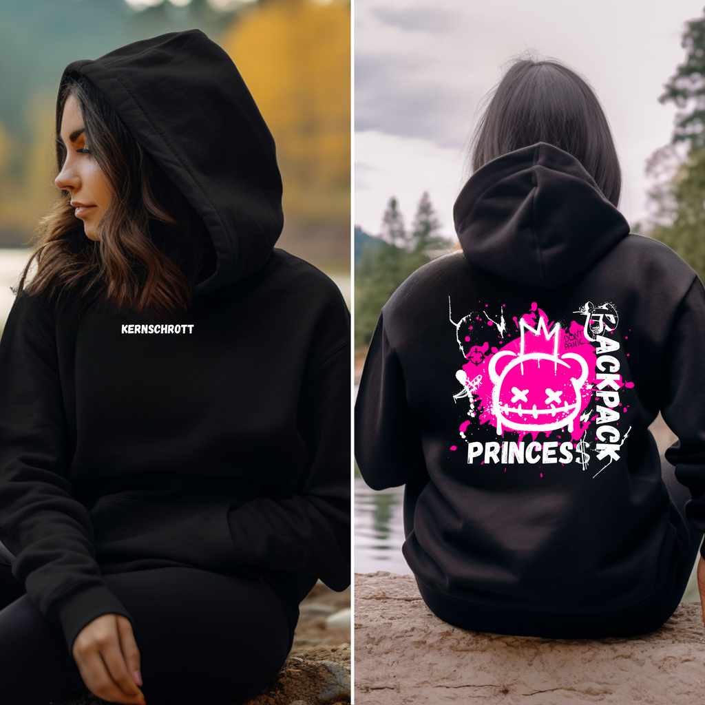 KERNSCHROTT Unisex Hoodie „BACKPACK PRINZESS“ Pink – Schwarz