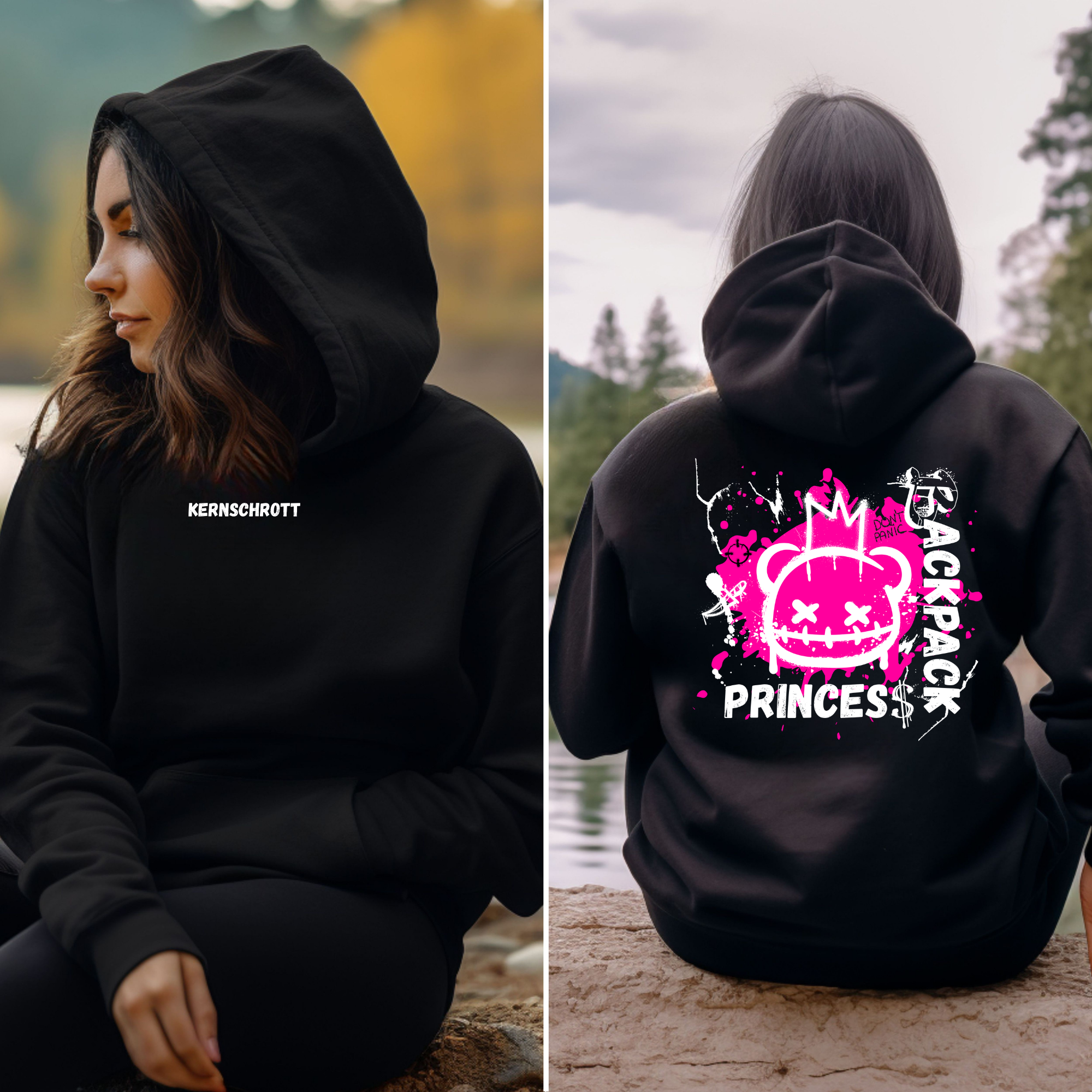KERNSCHROTT Unisex Hoodie „BACKPACK PRINZESS“ Pink – Schwarz