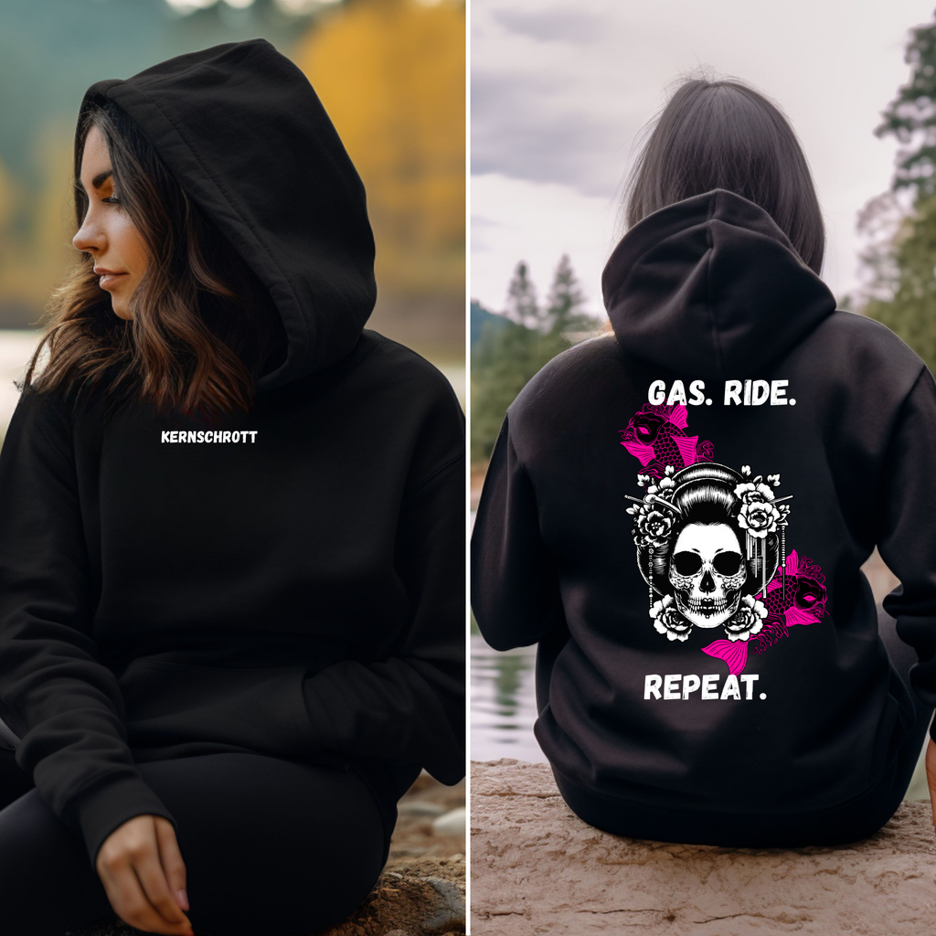 KERNSCHROTT Unisex Hoodie „GAS. RIDE. REPEAT.“ Pink – Schwarz