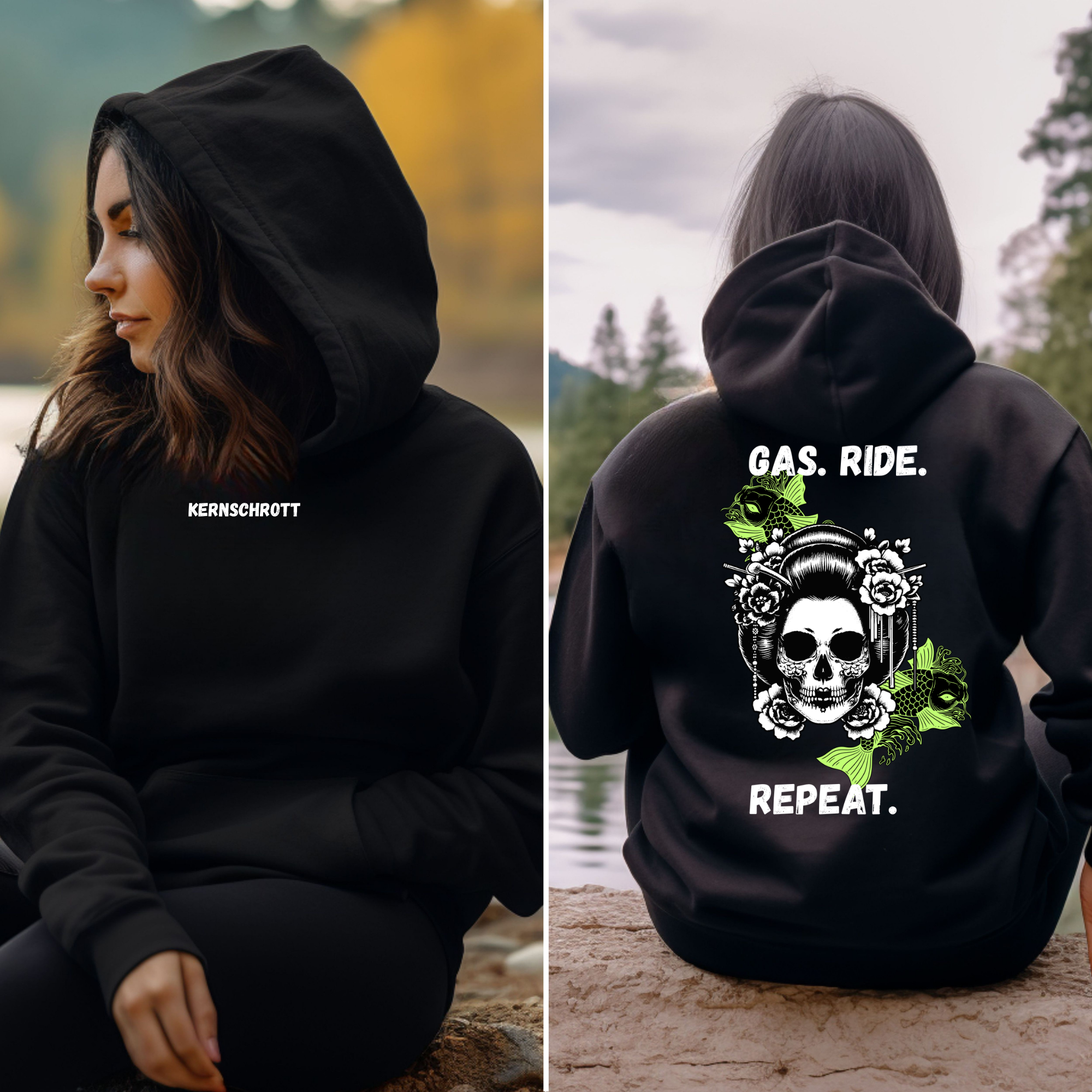 KERNSCHROTT Unisex Hoodie „GAS. RIDE. REPEAT.“ Grün – Schwarz
