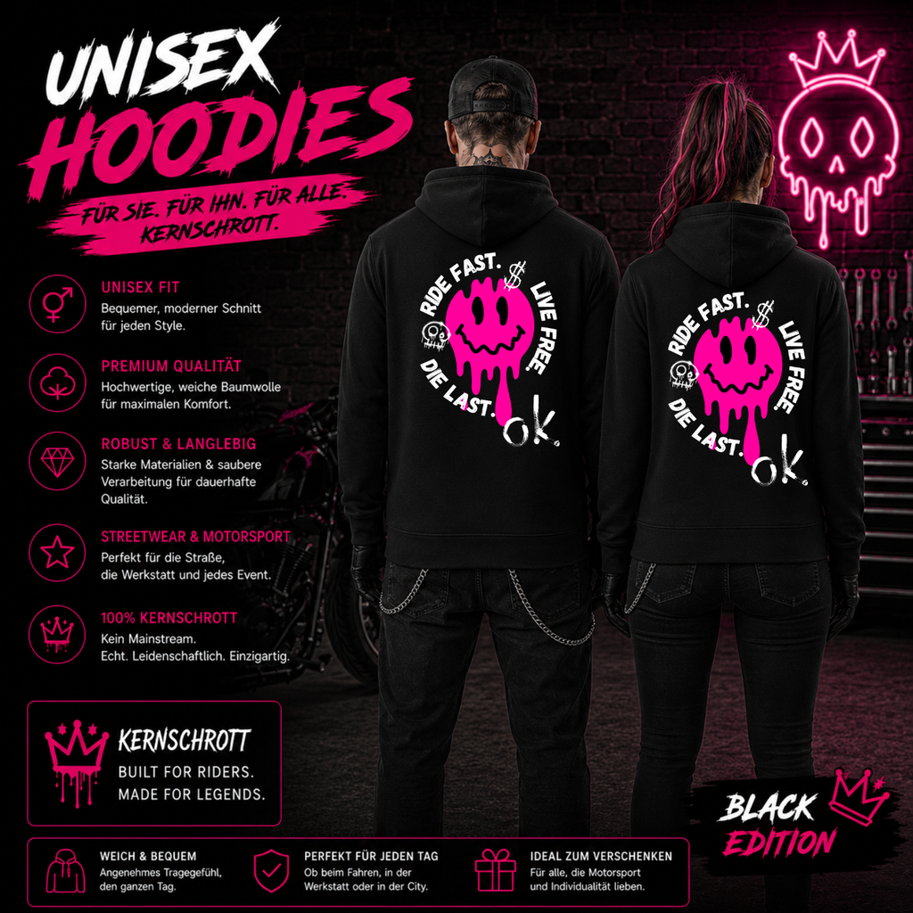 KERNSCHROTT Unisex Hoodie „RIDE FAST. LIVE FREE. DIE LAST.“ Pink – Schwarz