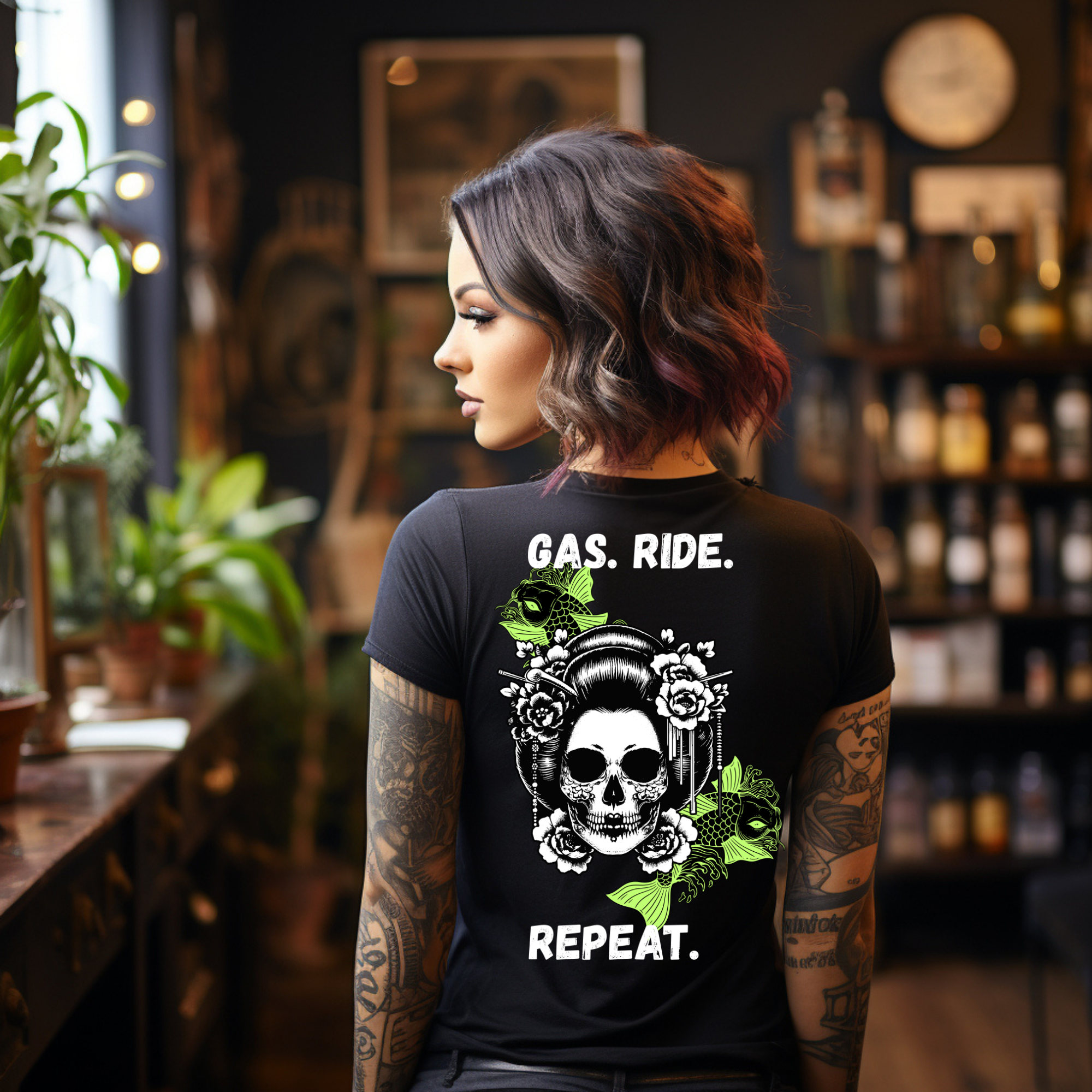 KERNSCHROTT Damen T-Shirt „GAS. RIDE. REPEAT“ GRÜN – Taillierter Fit