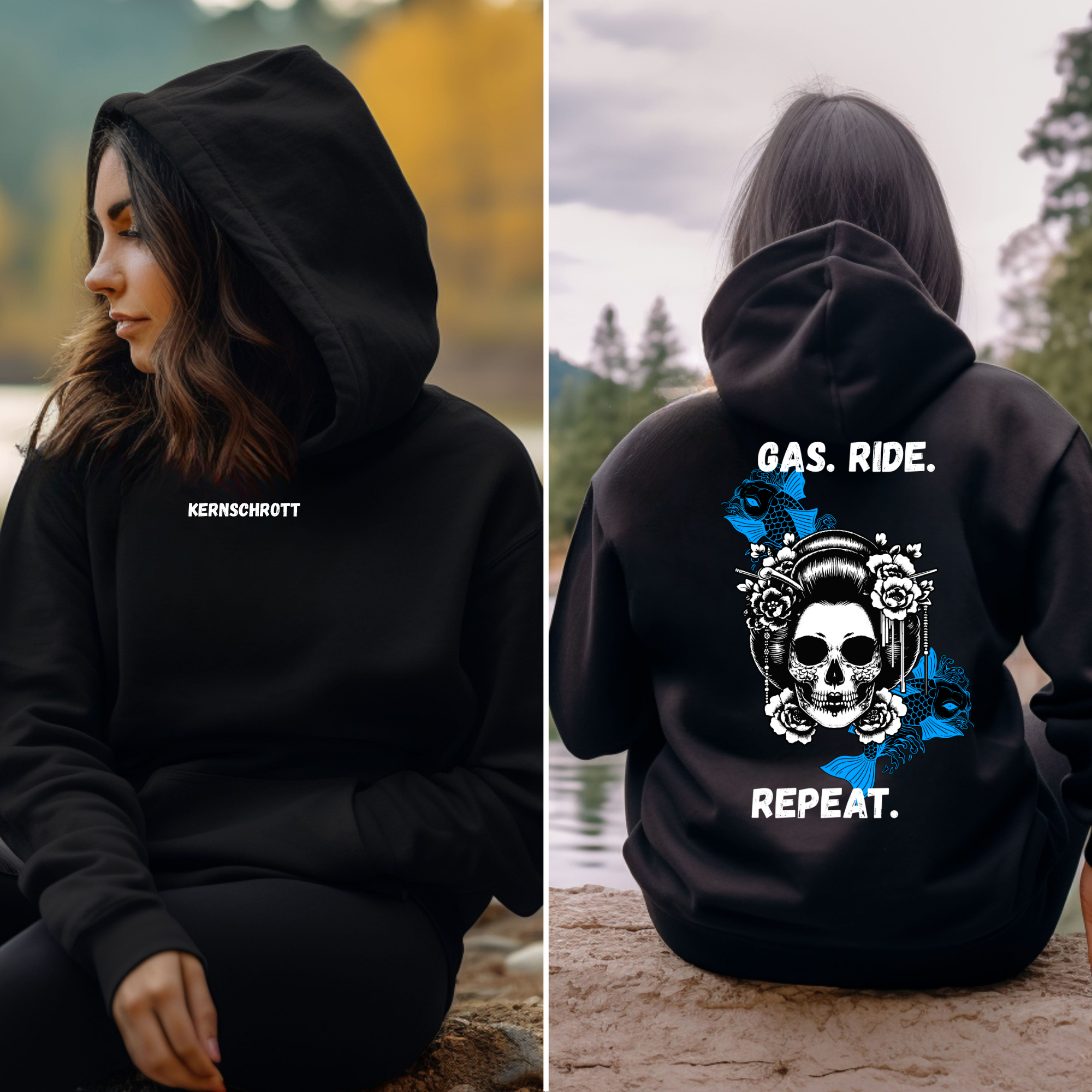 KERNSCHROTT Unisex Hoodie „GAS. RIDE. REPEAT.“ Blau – Schwarz