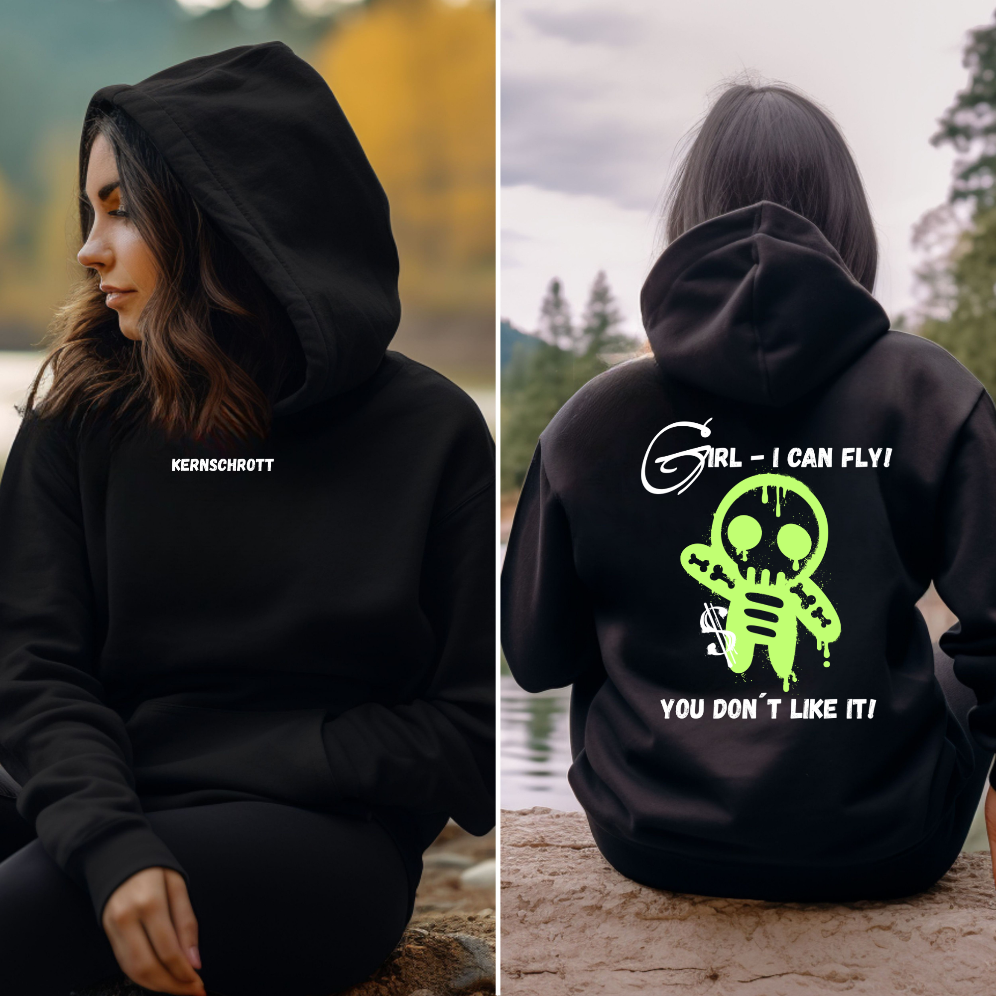 KERNSCHROTT Unisex Hoodie „GIRL - I CAN FLY“ – Schwarz