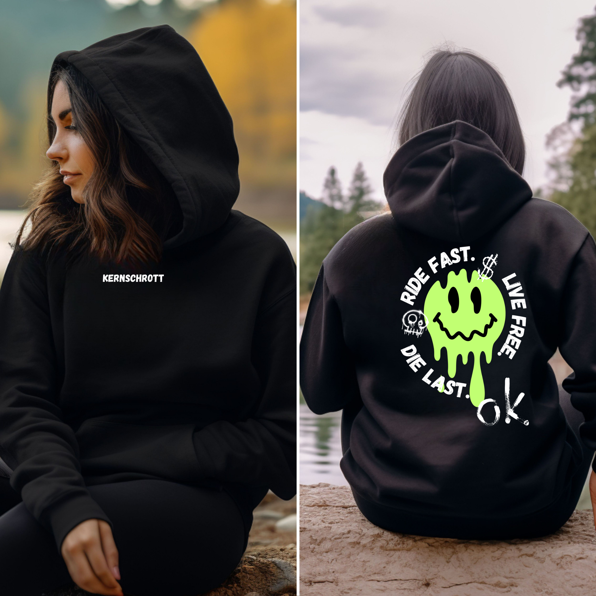 KERNSCHROTT Unisex Hoodie „RIDE FAST. LIVE FREE. DIE LAST.“ Grün – Schwarz