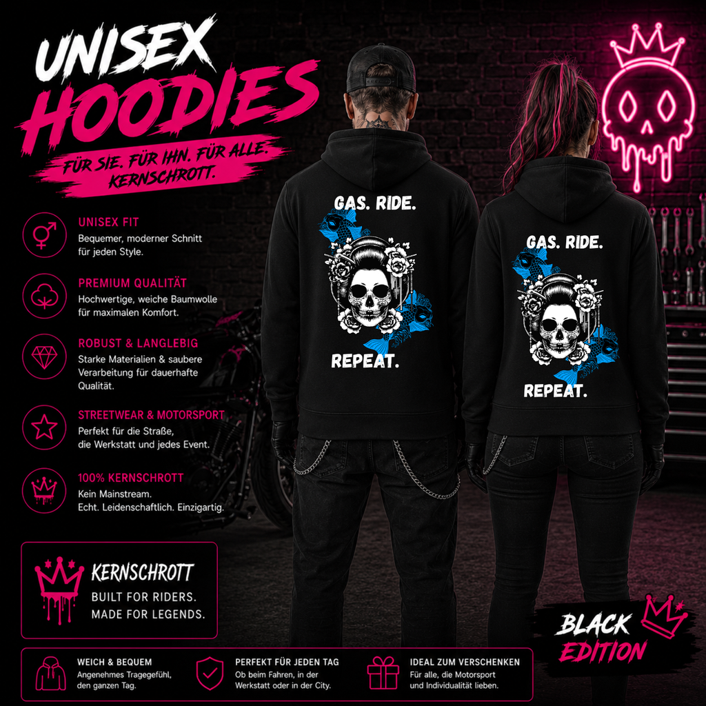 KERNSCHROTT Unisex Hoodie „GAS. RIDE. REPEAT.“ Blau – Schwarz