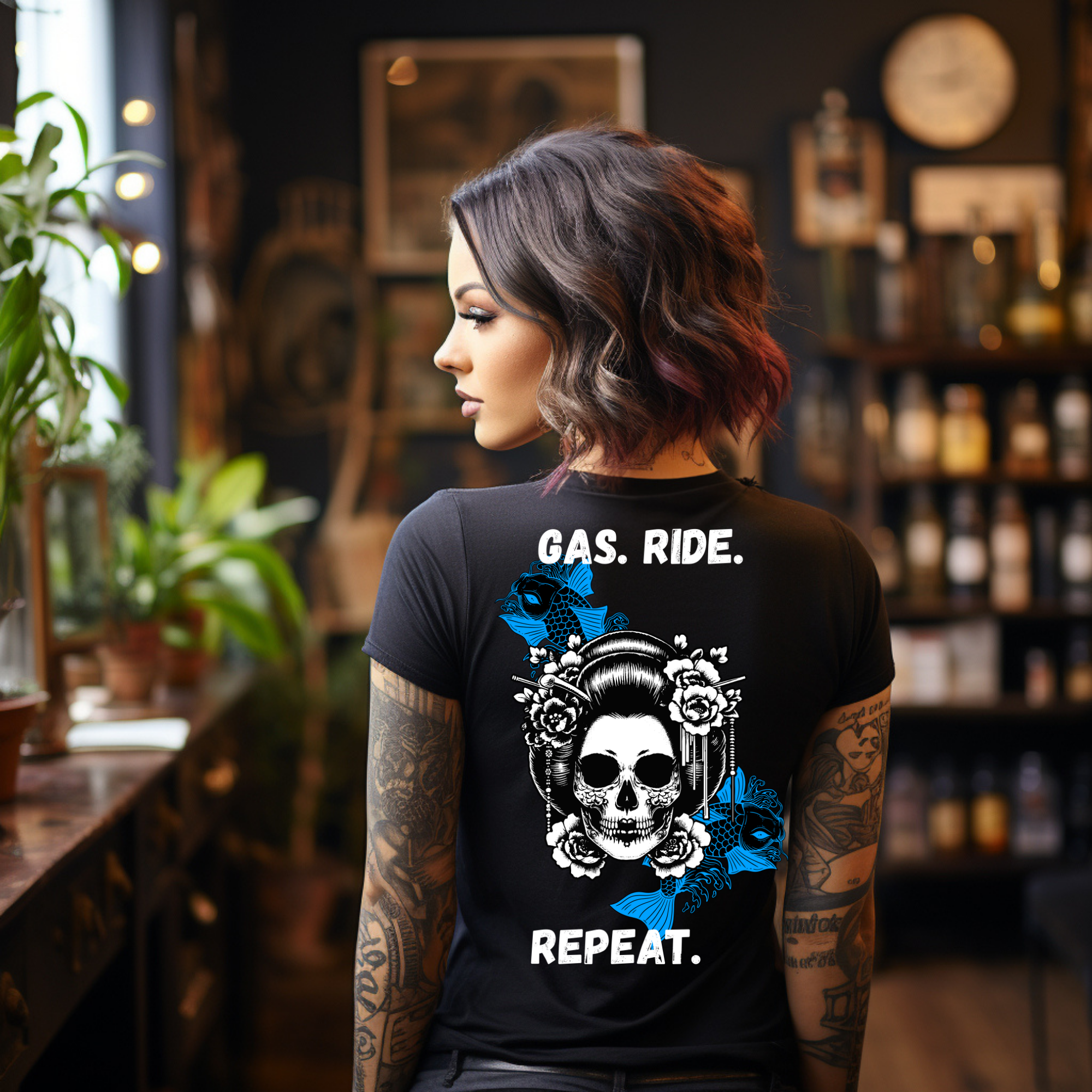 KERNSCHROTT Damen T-Shirt „GAS. RIDE. REPEAT“ BLAU – Taillierter Fit
