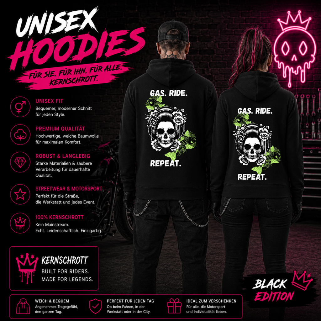 KERNSCHROTT Unisex Hoodie „GAS. RIDE. REPEAT.“ Grün – Schwarz