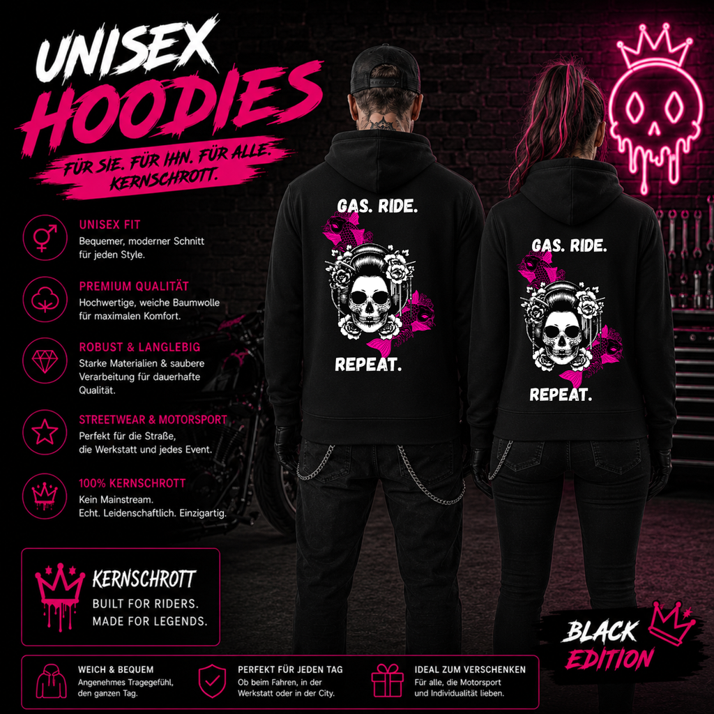 KERNSCHROTT Unisex Hoodie „GAS. RIDE. REPEAT.“ Pink – Schwarz