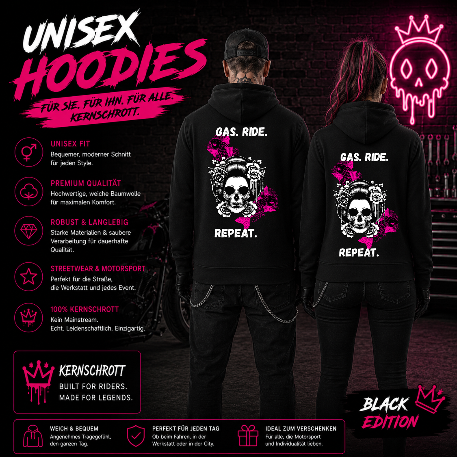 KERNSCHROTT Unisex Hoodie „GAS. RIDE. REPEAT.“ Pink – Schwarz