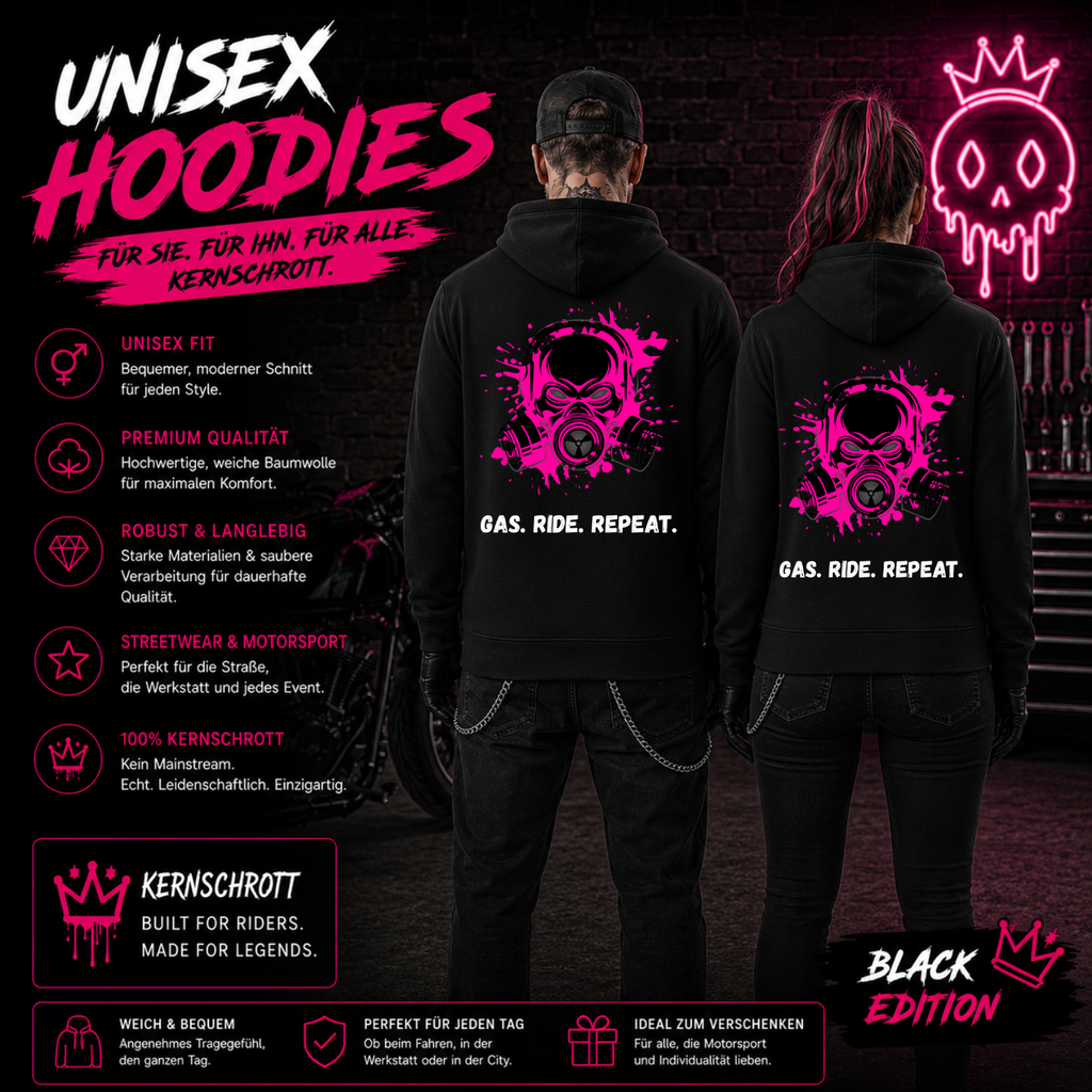 KERNSCHROTT Unisex Hoodie „RIDE FAST. LIVE FREE. DIE LAST.“ Pink – Schwarz