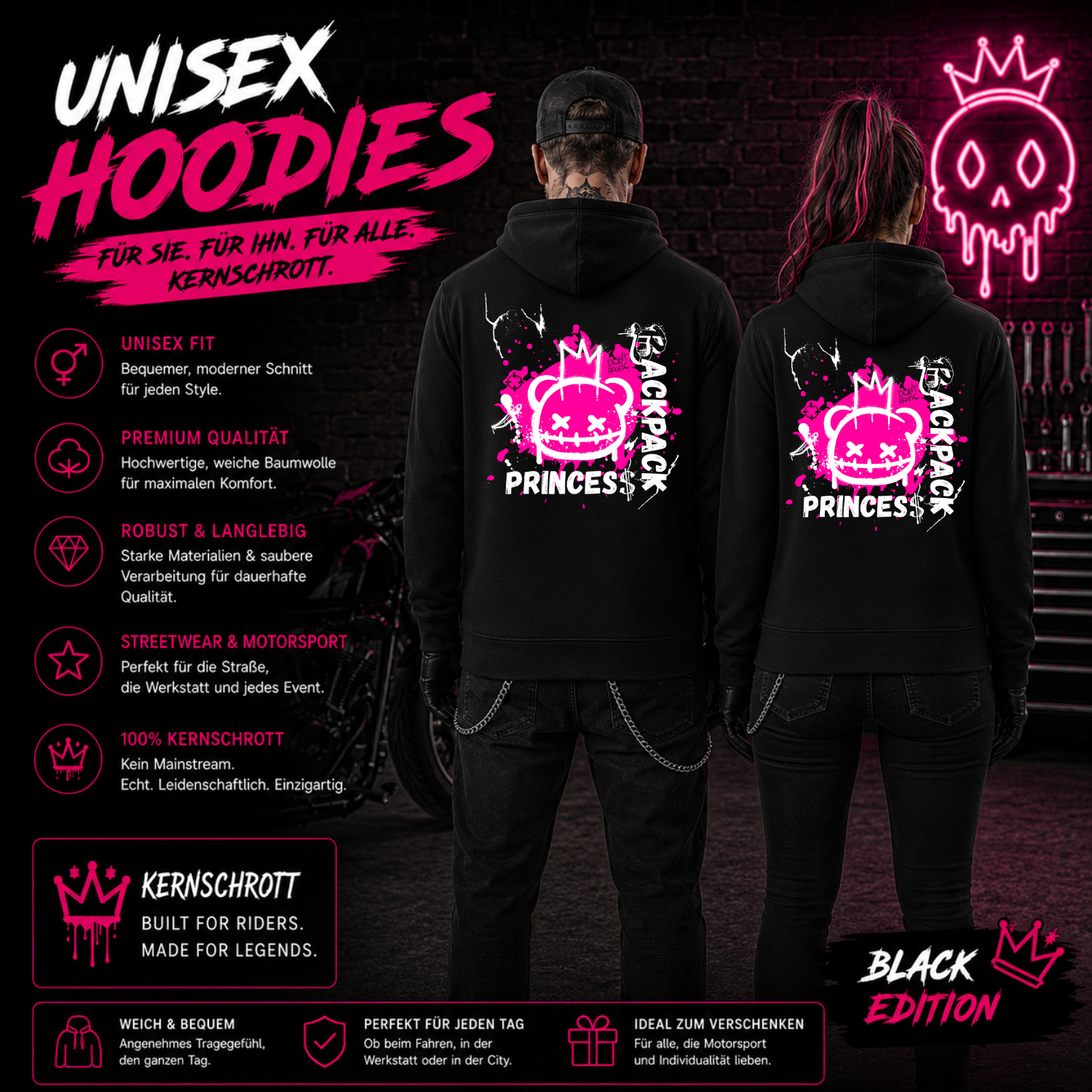 KERNSCHROTT Unisex Hoodie „BACKPACK PRINZESS“ Pink – Schwarz