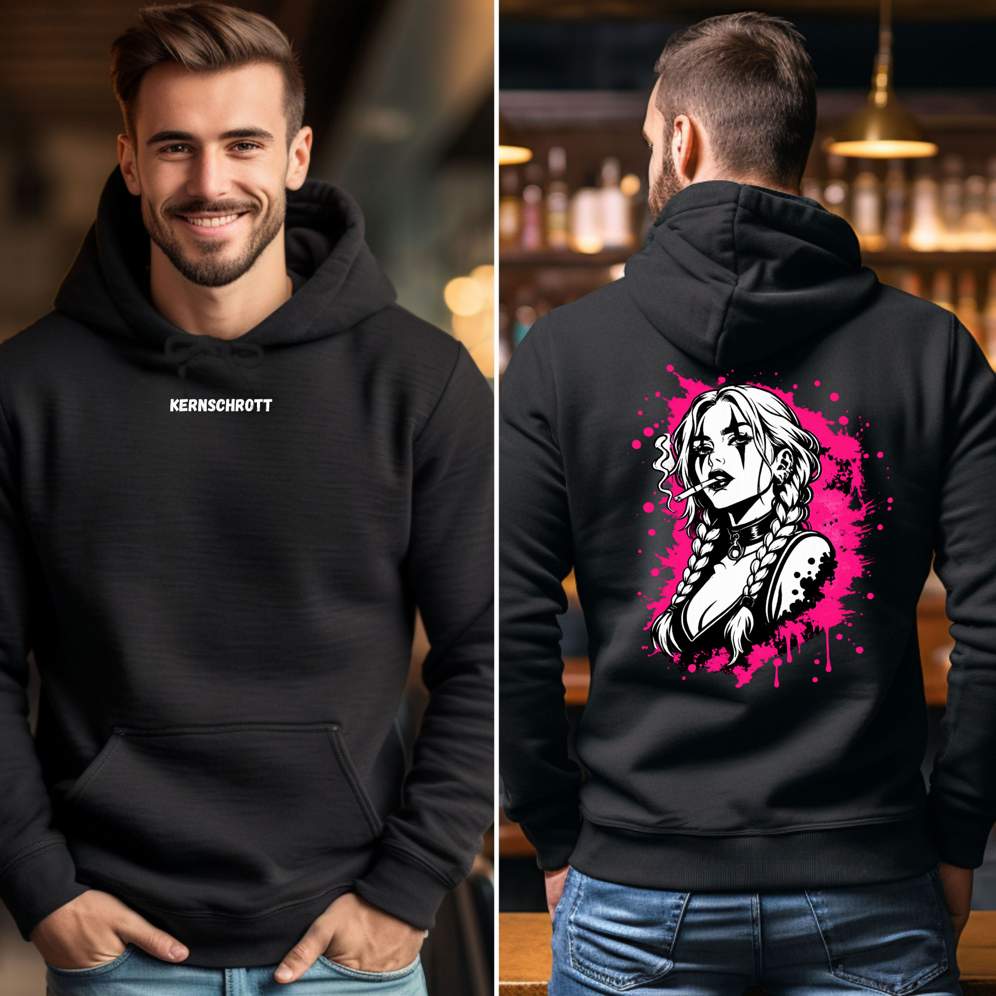 KERNSCHROTT Unisex Hoodie „SMOKE BRAID GIRL“ – Schwarz