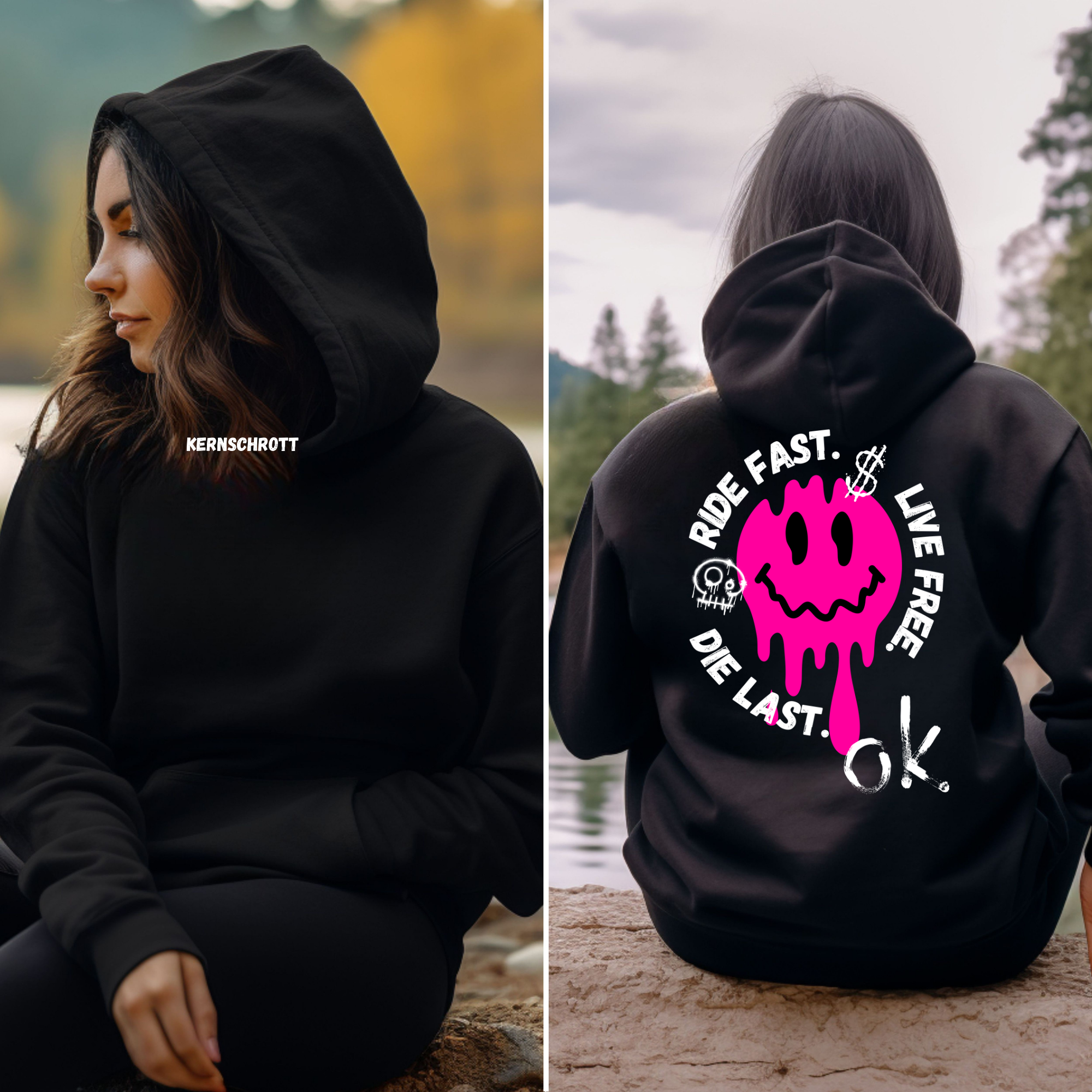 KERNSCHROTT Unisex Hoodie „RIDE FAST. LIVE FREE. DIE LAST.“ Pink – Schwarz