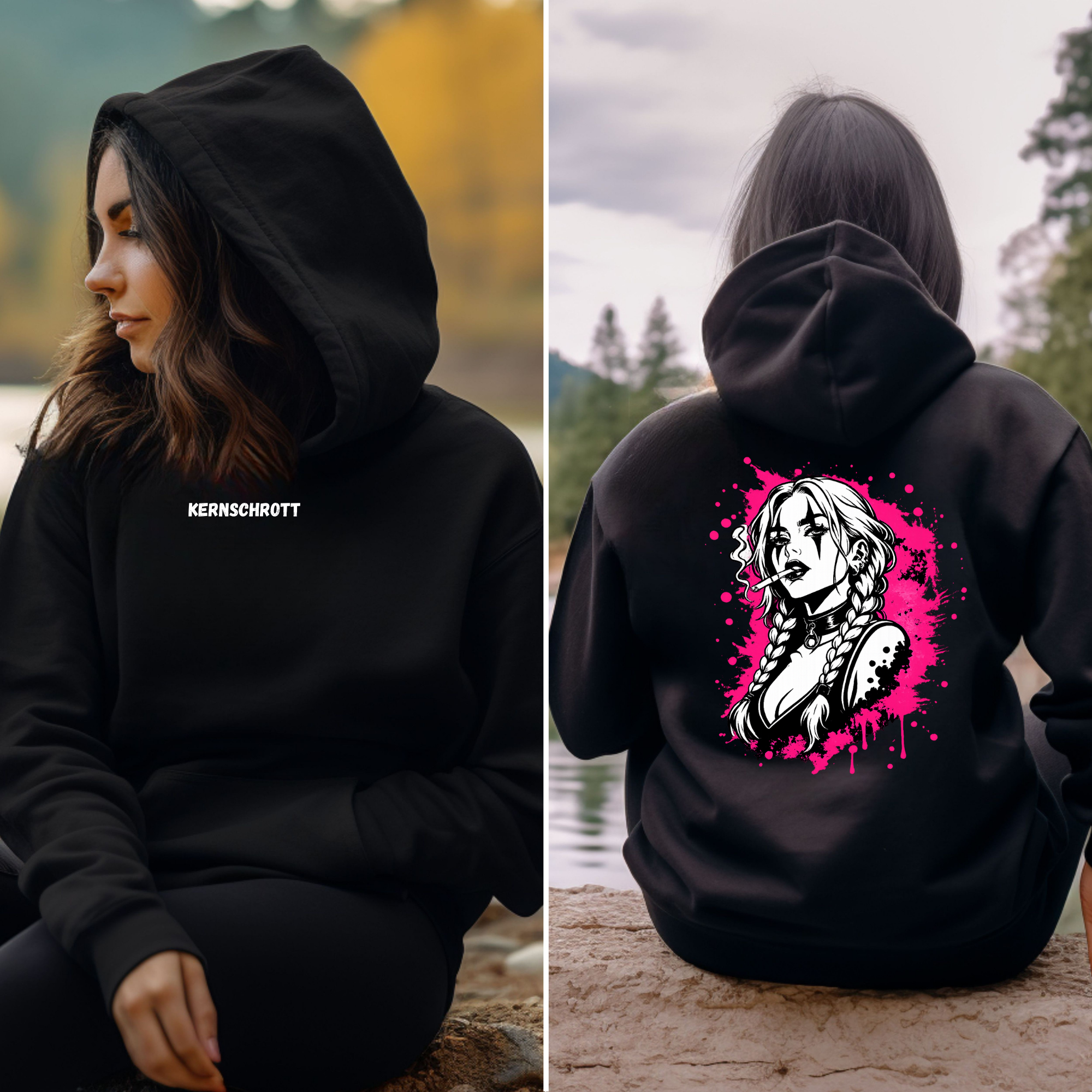 KERNSCHROTT Unisex Hoodie „SMOKE BRAID GIRL“ – Schwarz